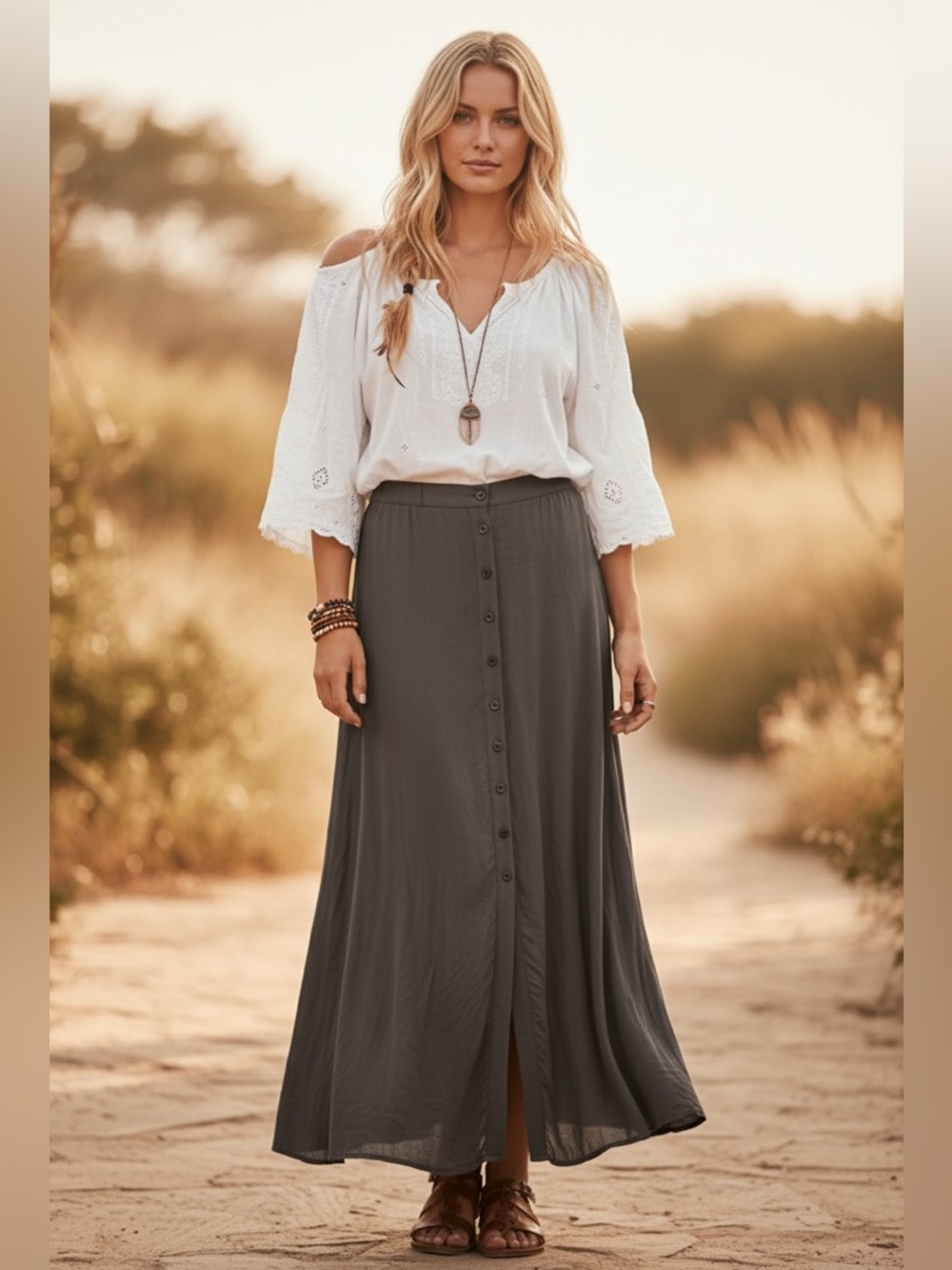 Chan Luu‎ long grey maxi skirt with buttons.